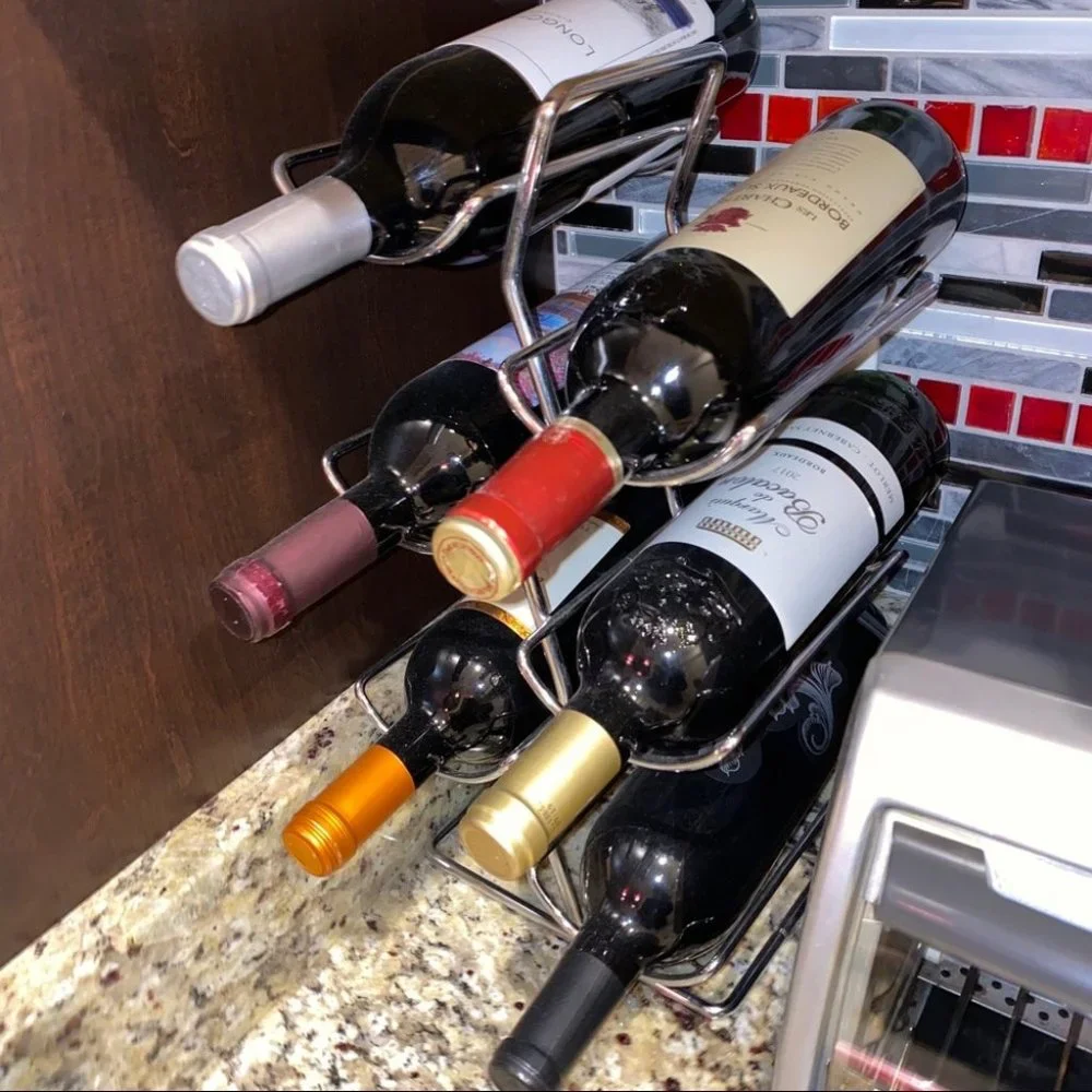 Wine Rack Silver Metal Stand‎ Fits 6 Bottles